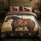 Quilted bedspread set with galloping horses with streaming manes against open grassland, the Galloping Horses design