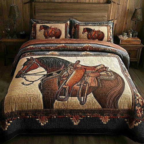 Quilted bedspread set with galloping horses with streaming manes against open grassland, the Galloping Horses design