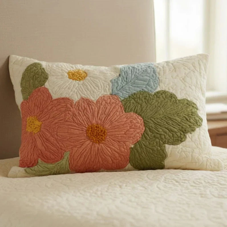Quilted pillowcase with the Retro Daisy design of bold sixties daisies repeating in mustard, orange and cream