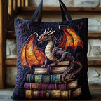 Dragon Eye Library quilted tote bag – dragon on old books