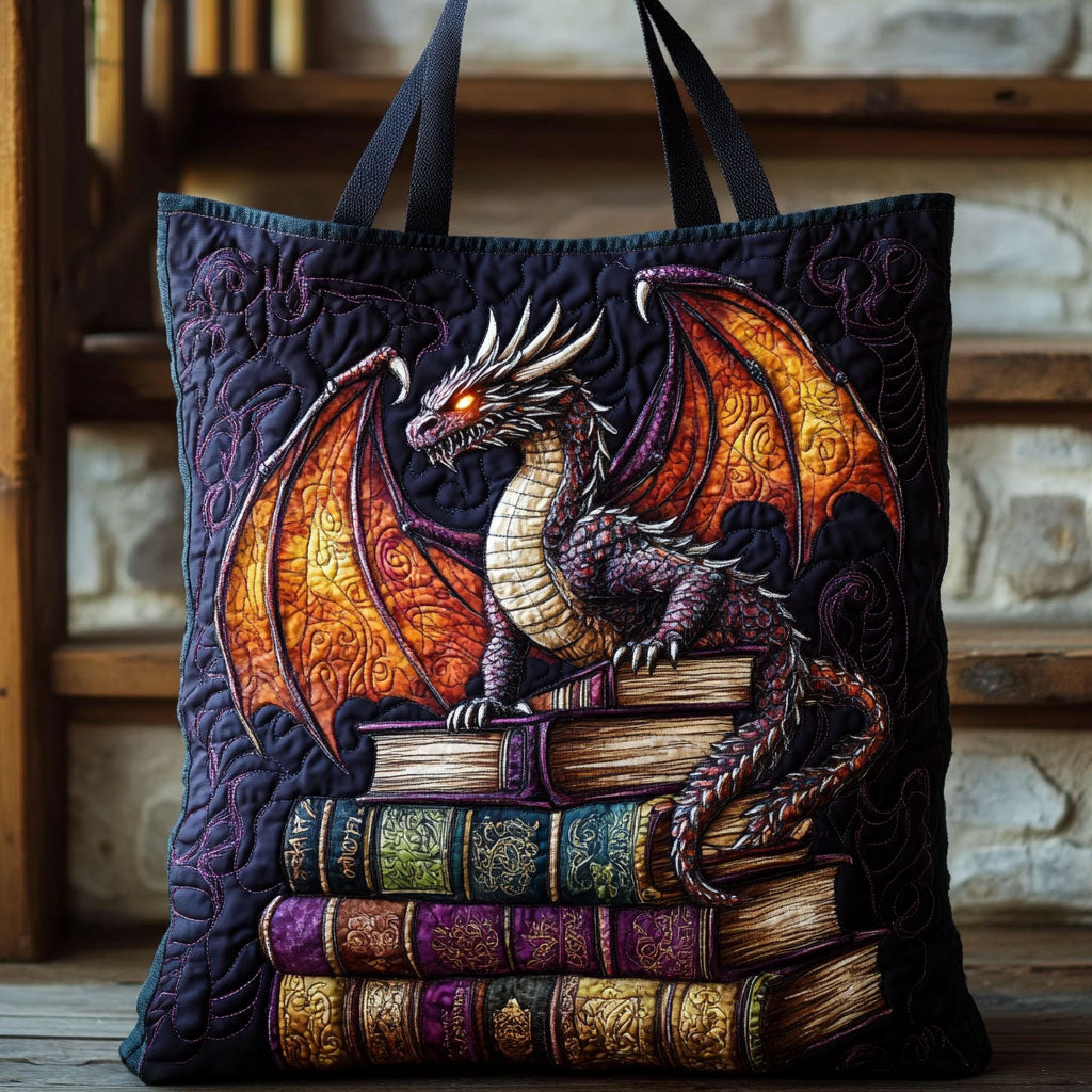 Dragon Eye Library quilted tote bag – dragon on old books
