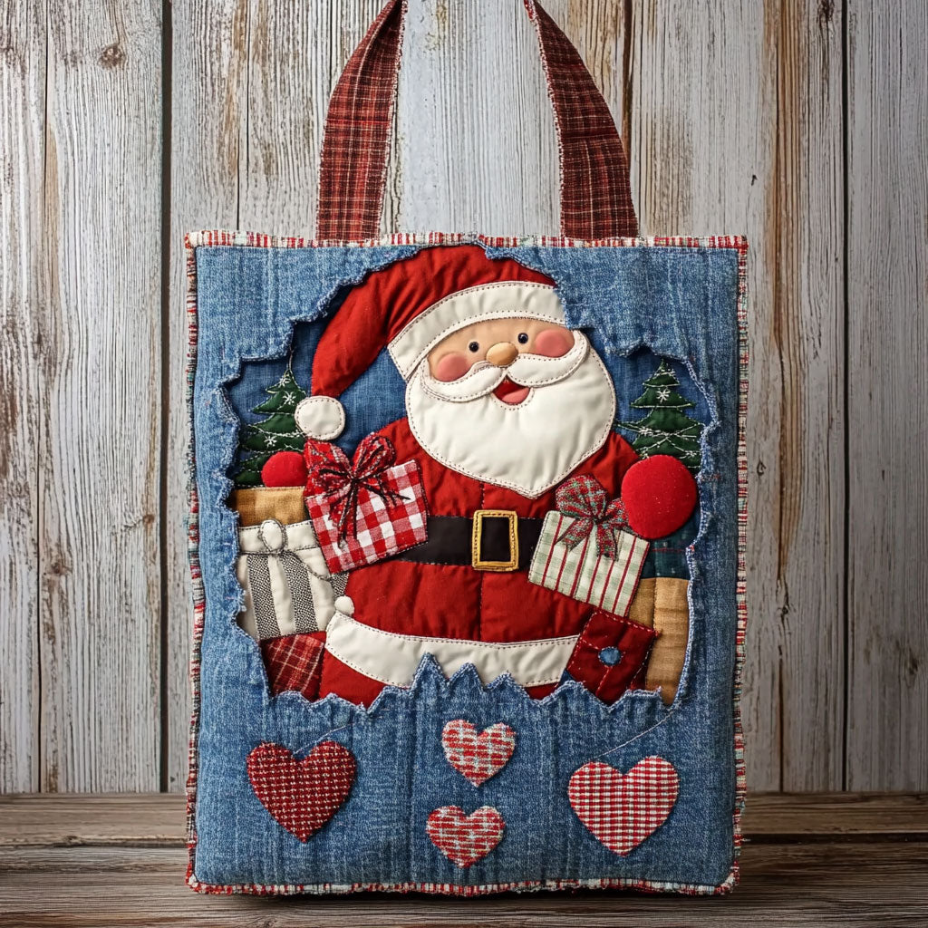 Smiling Denim Santa quilted tote bag – santa with hearts