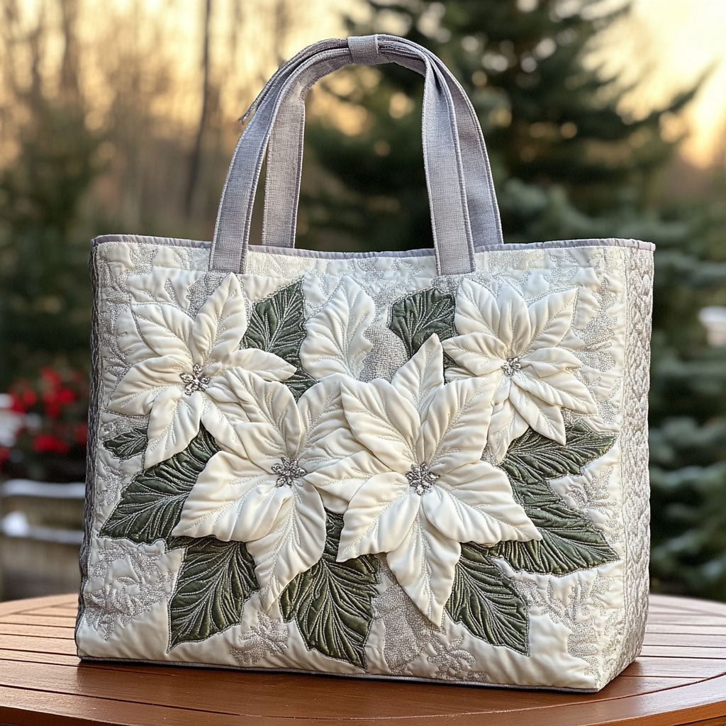 Snowy Petals quilted tote bag – white poinsettias