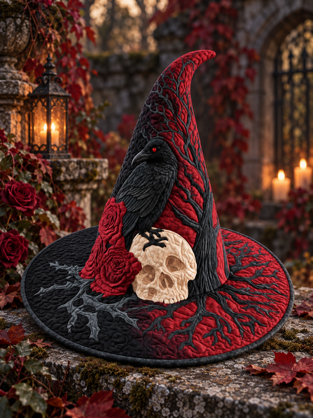 Quilted Witch Hat - Crimson Raven Skull – view 3