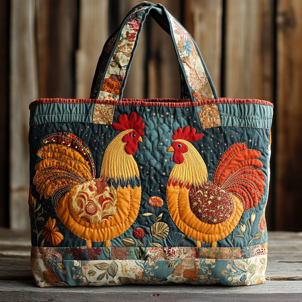 Village Garden Chickens quilted tote bag – hens on patchwork
