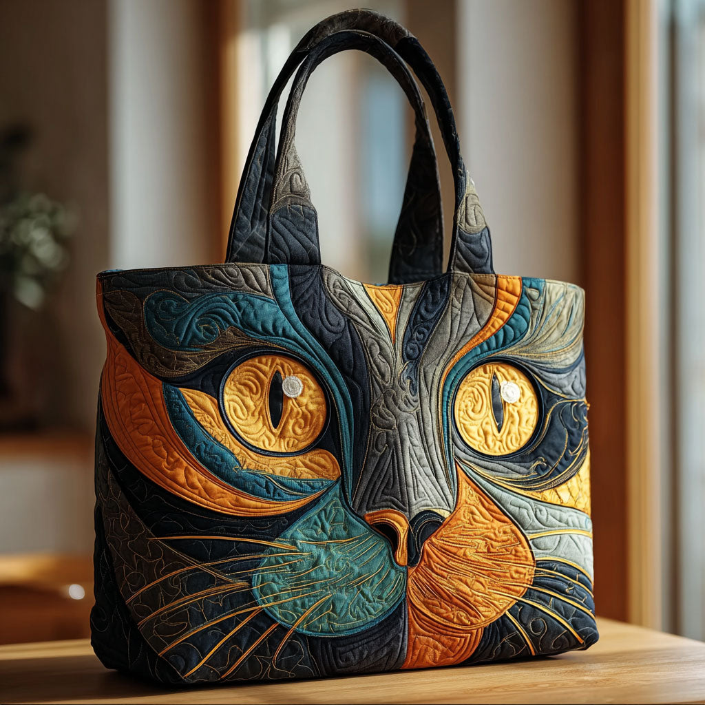 Night Whiskers quilted tote bag – cat with golden eyes