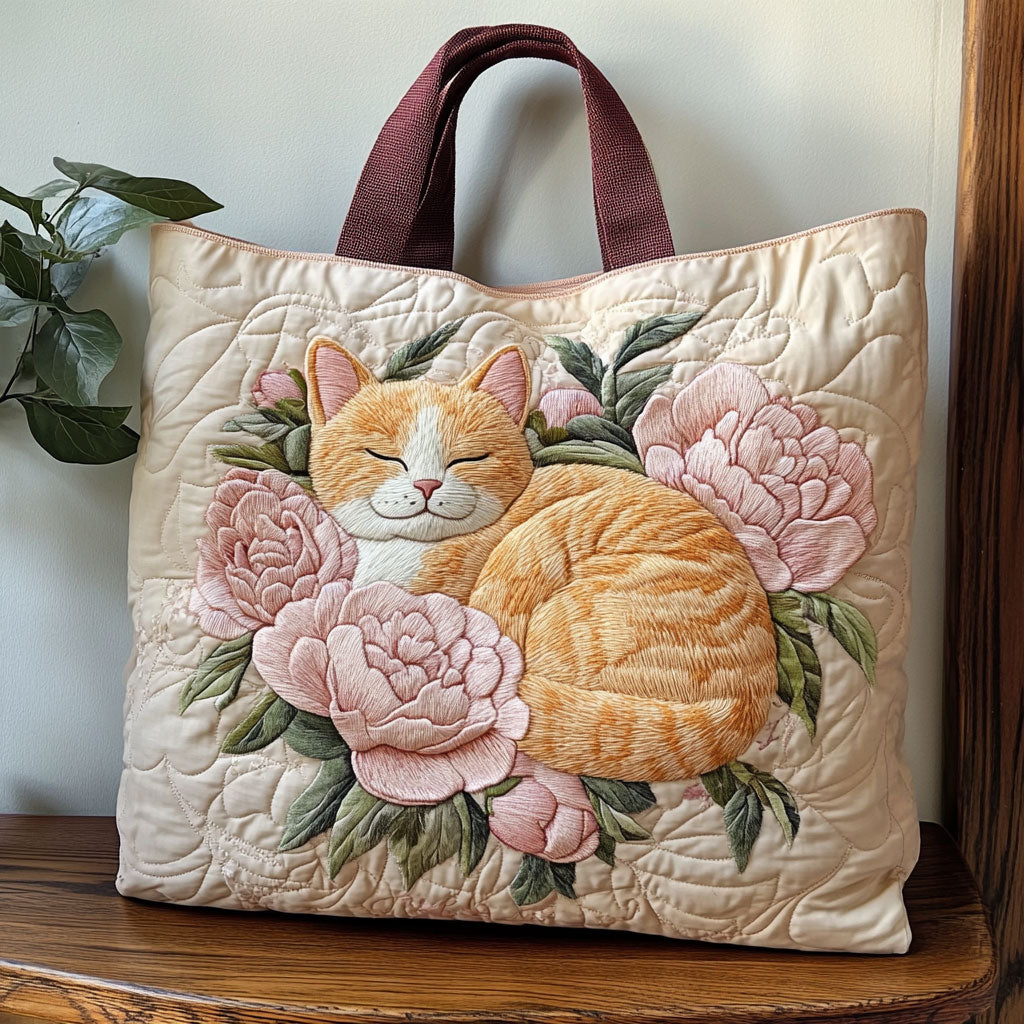 Peony Cat quilted tote bag – cat among peonies