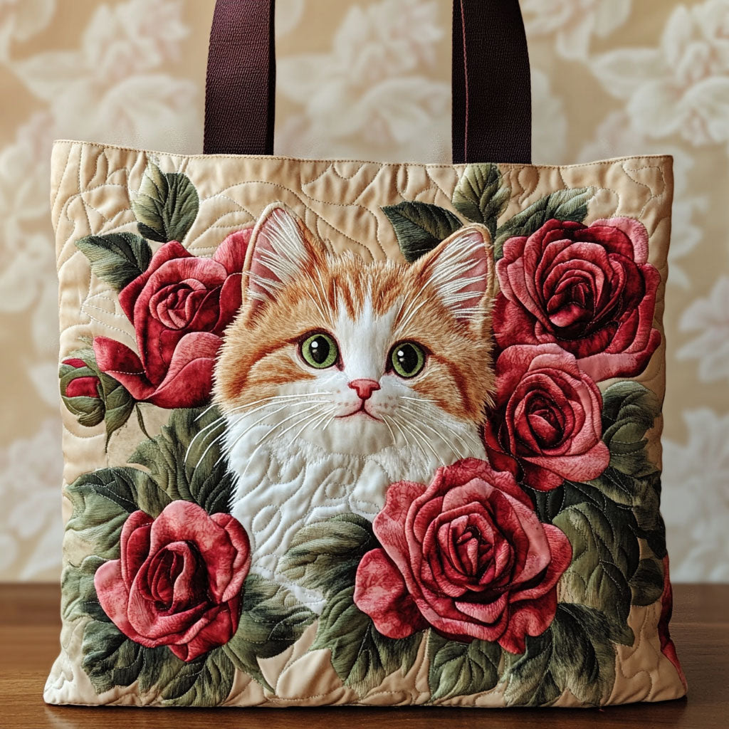 Rose Garden Cat quilted tote bag – cat among roses