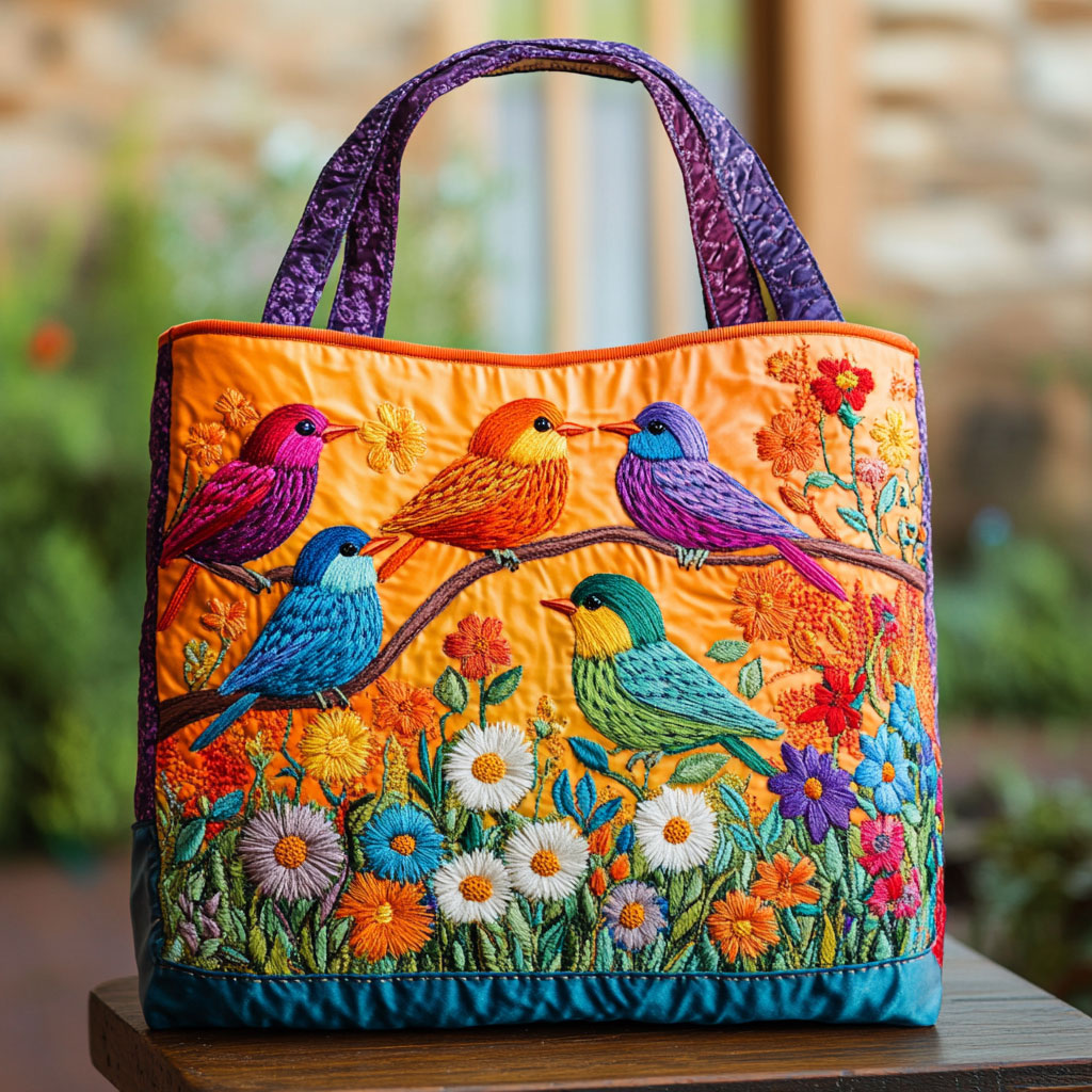 Song of Birds quilted tote bag – songbirds and flowers