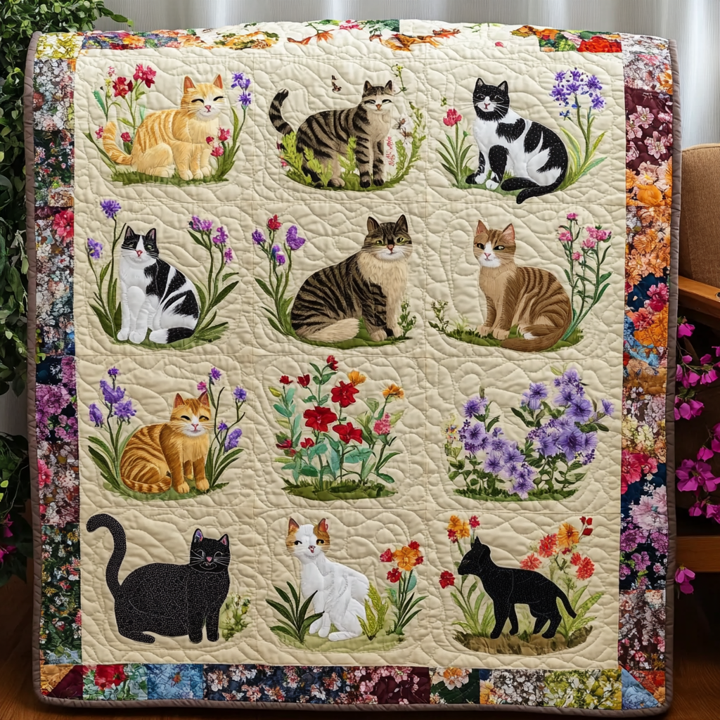 Cats and Wildflowers quilted throw – cats among wildflowers on cream