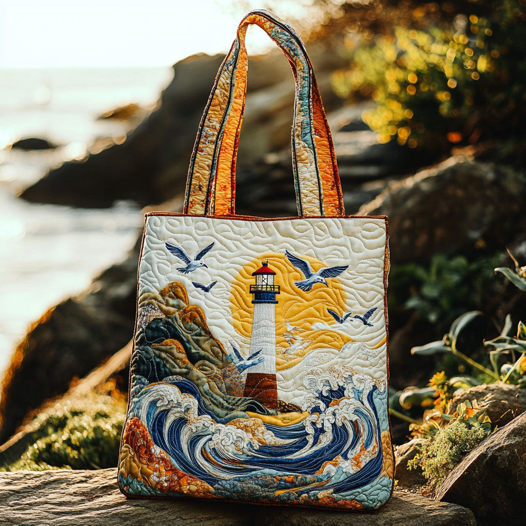 Seagull Haven Lighthouse quilted tote bag – lighthouse and gulls
