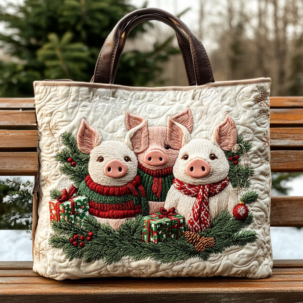 Christmas Piglets quilted tote bag – piglets in jumpers