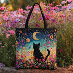 Dreamy Cat Night quilted tote bag – cat under moon