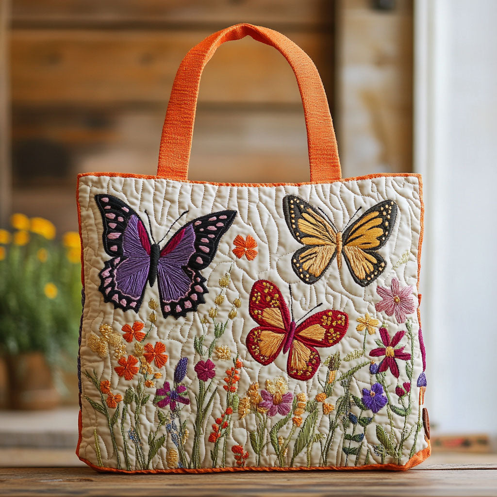 Butterfly Flower Garden quilted tote bag – butterflies over meadow
