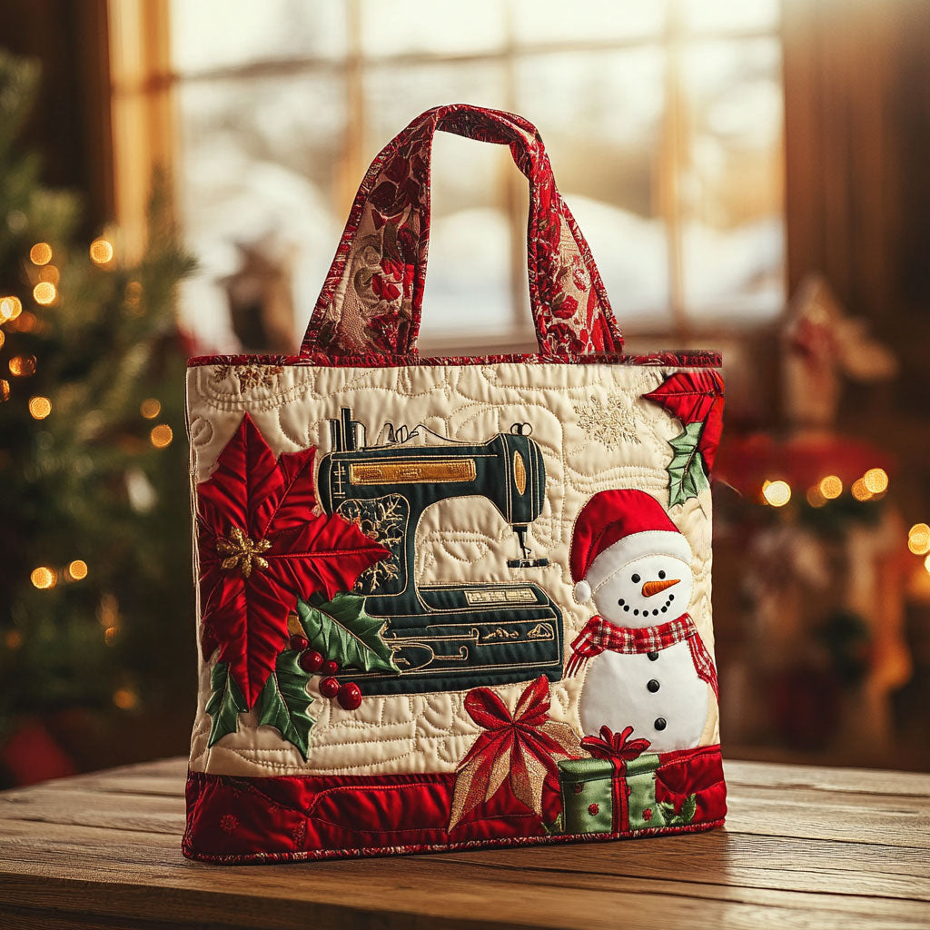 Merry Snow Sewing Machine quilted tote bag – sewing machine and snowman