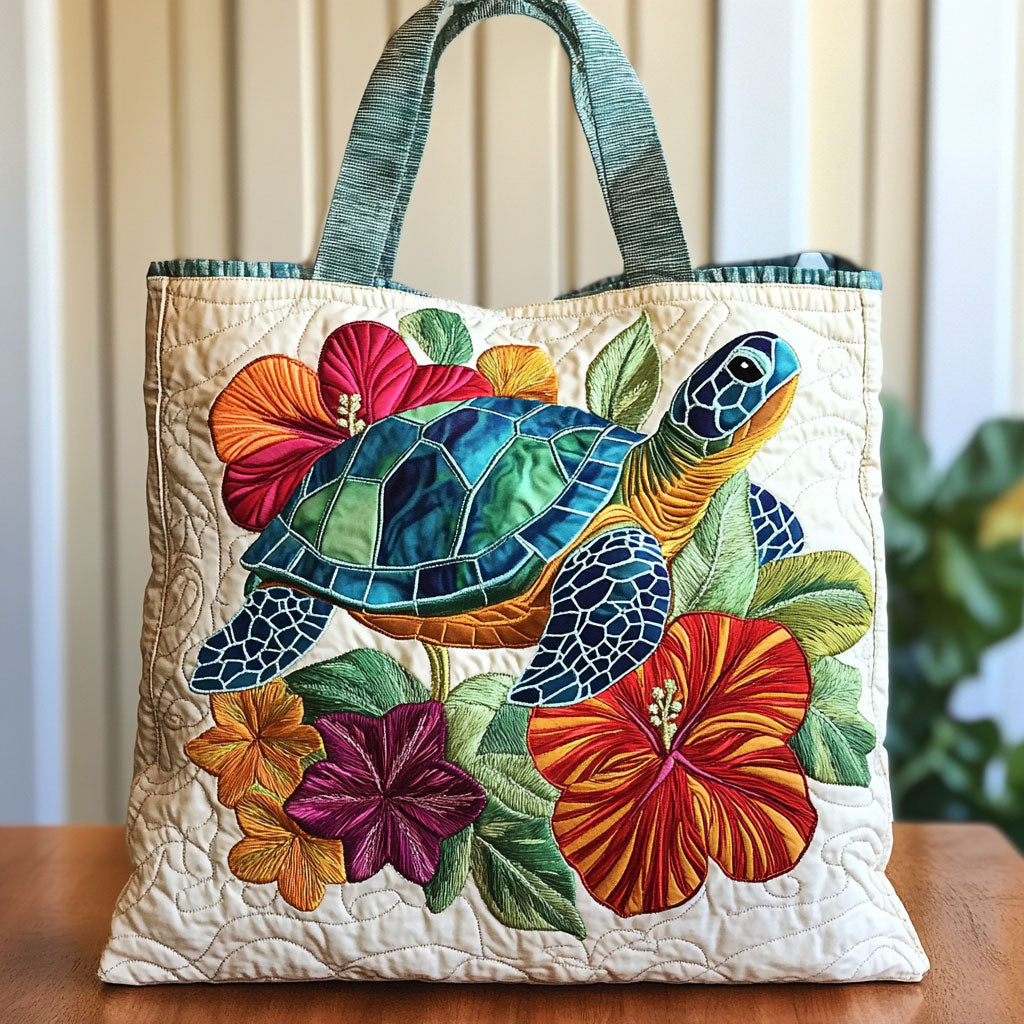 Turtle Bloom quilted tote bag – turtle and hibiscus