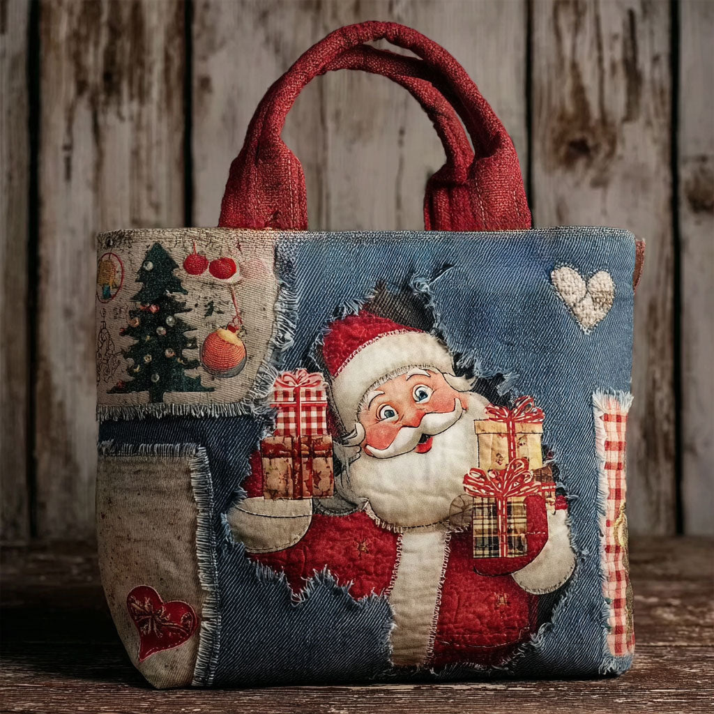 Warm Santa quilted tote bag – santa on denim