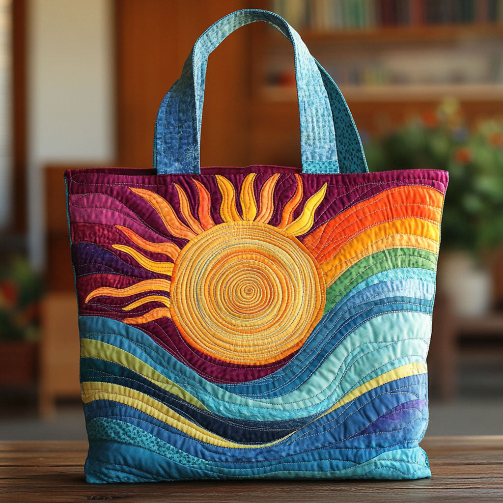Rainbow Tide Sun quilted tote bag – sun over rainbow waves