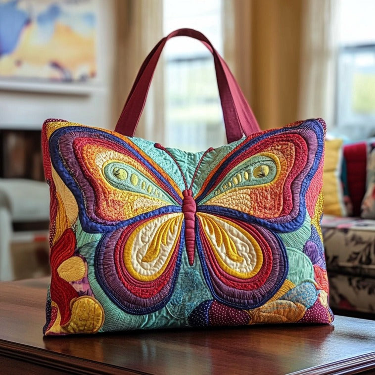 Vibrant Wings quilted tote bag – rainbow butterfly
