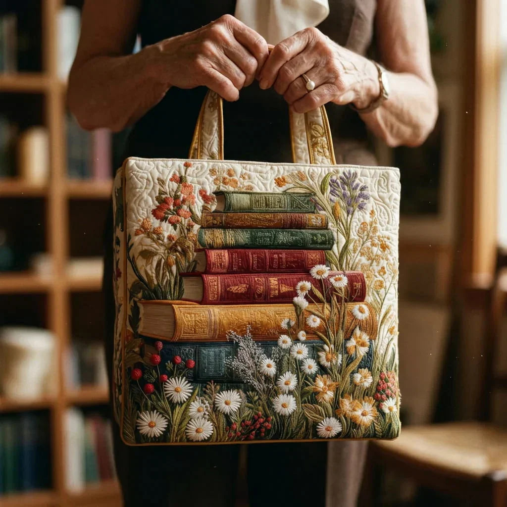 Woman carrying the Meadow Floral artisan quilted tote bag