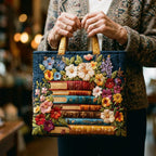 Woman carrying the Floral Print and Books artisan quilted tote bag