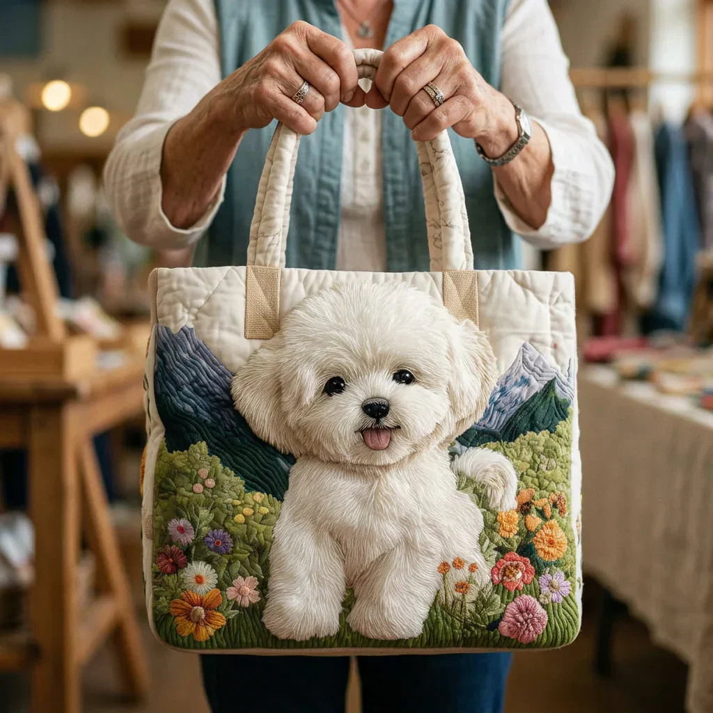 Woman carrying the Enchanted Dog artisan quilted tote bag