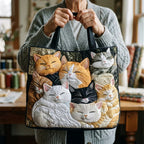 Woman carrying the Sleeping Kittens artisan quilted tote bag