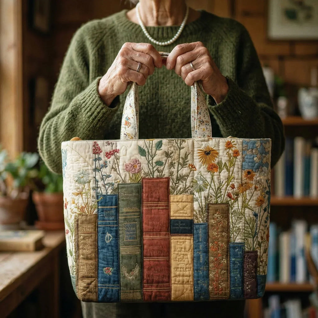 Woman carrying the Books and Flowers artisan quilted tote bag