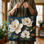 Woman carrying the Delicate Magnolia artisan quilted tote bag