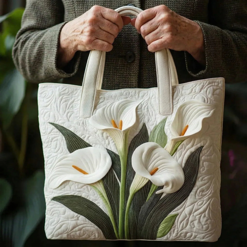 Woman carrying the White Lilies artisan quilted tote bag