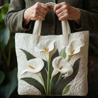 Woman carrying the White Lilies artisan quilted tote bag