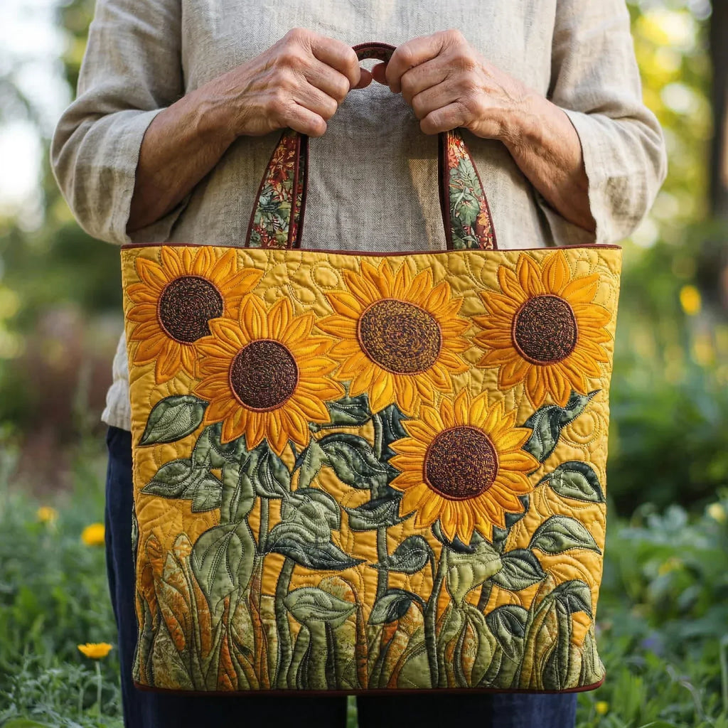 Woman carrying the Golden Sunflowers artisan quilted tote bag