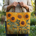 Woman carrying the Golden Sunflowers artisan quilted tote bag