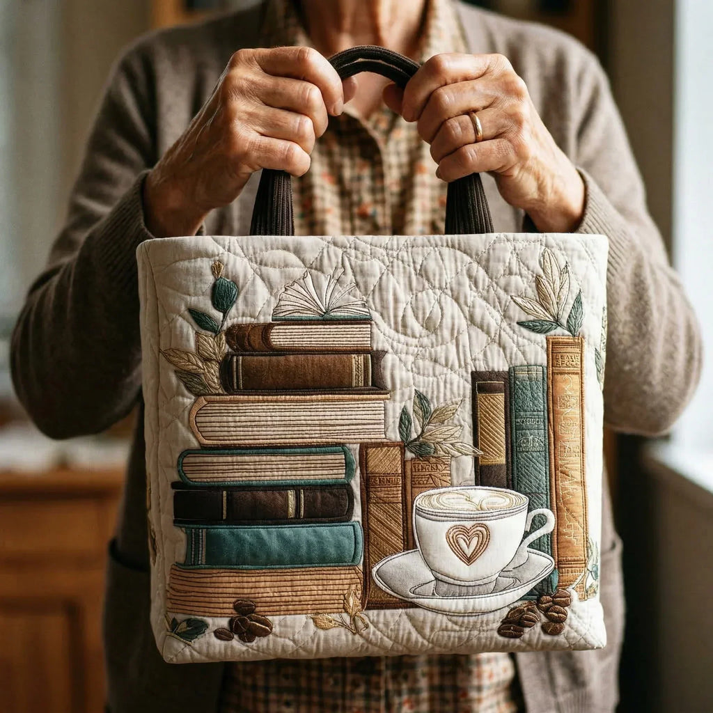 Woman carrying the Coffee Chapter artisan quilted tote bag