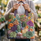 Woman carrying the Succulent Garden artisan quilted tote bag