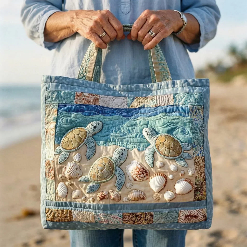 Woman carrying the Marine Turtles artisan quilted tote bag