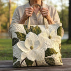 Woman carrying the Elegant Lilies artisan quilted tote bag