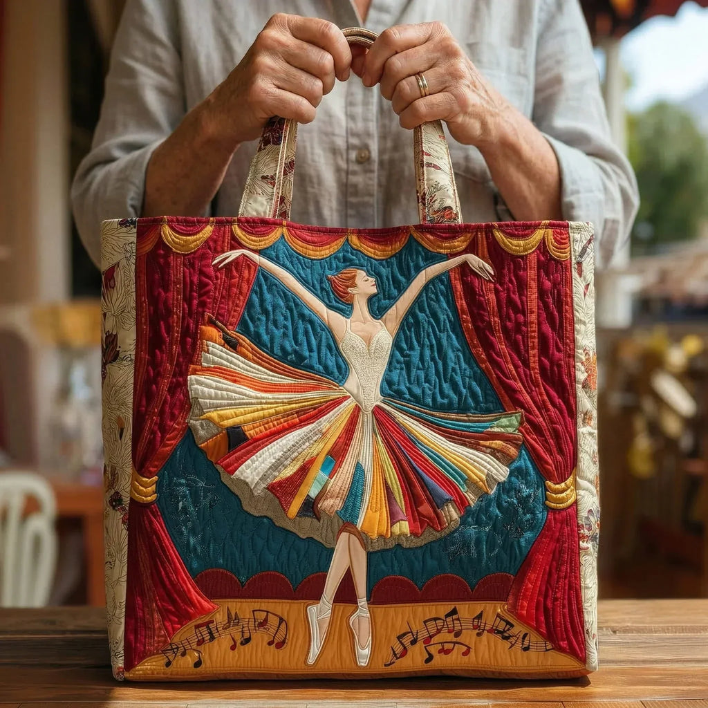 Woman carrying the Elegant Ballerina artisan quilted tote bag