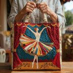 Woman carrying the Elegant Ballerina artisan quilted tote bag