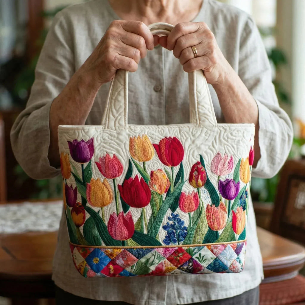 Woman carrying the Tulip Garden artisan quilted tote bag