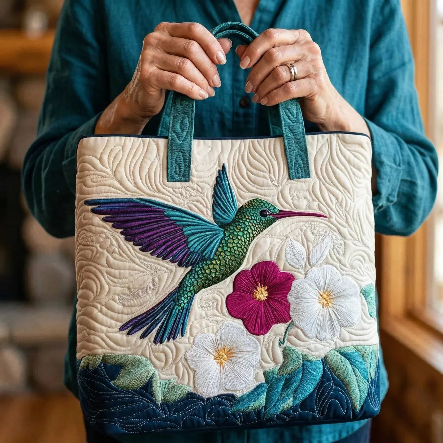Woman carrying the Hummingbird and White Blossom artisan quilted tote bag