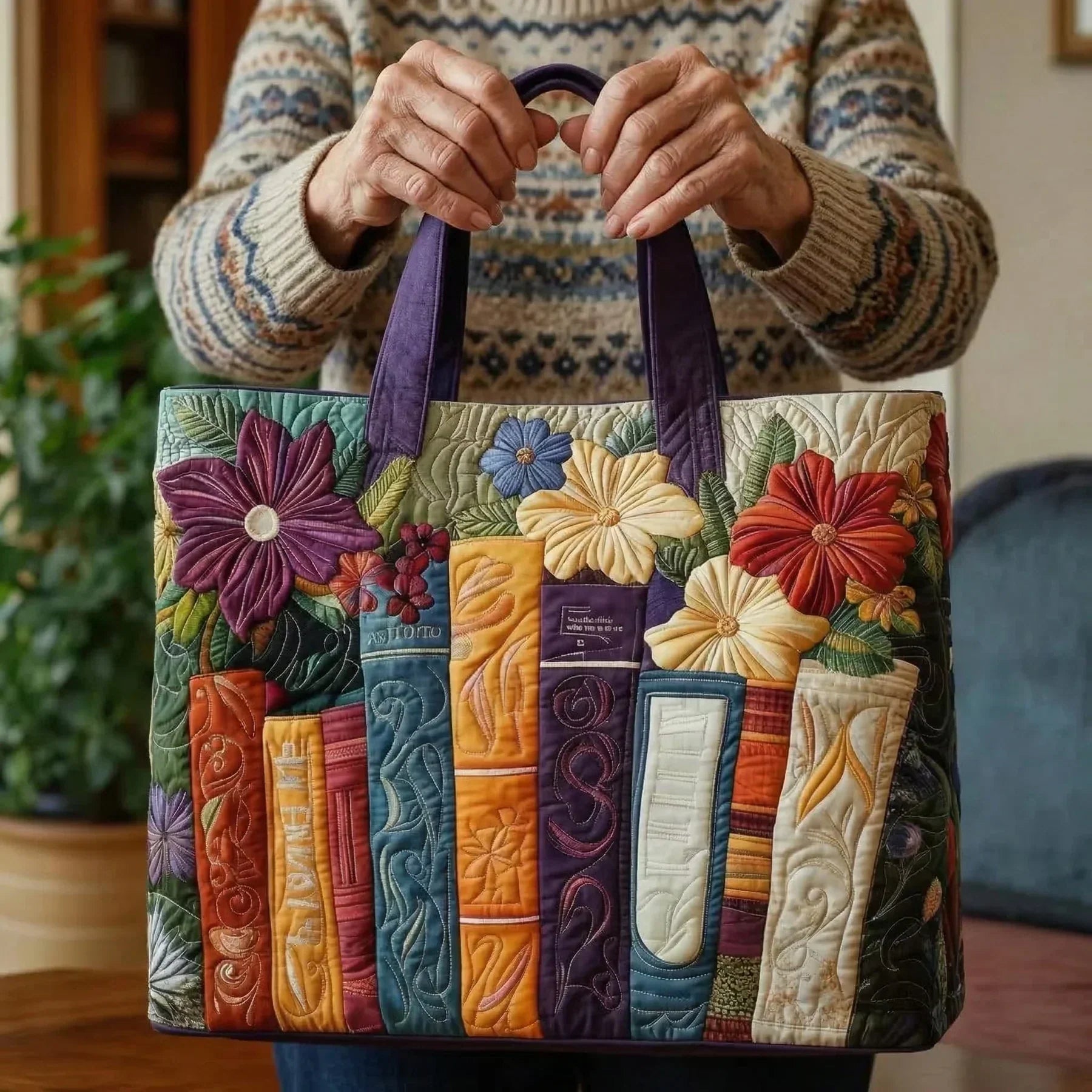 Woman carrying the Book Lovers artisan quilted tote bag