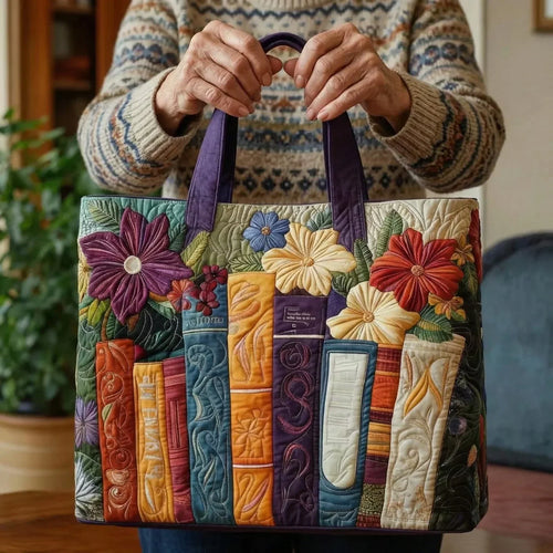 Woman carrying the Book Lovers artisan quilted tote bag