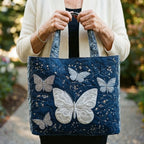 Woman carrying the Silver Butterfly artisan quilted tote bag