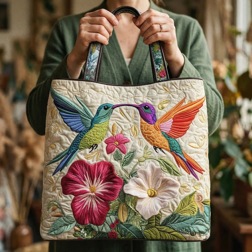 Woman carrying the Hummingbird and White Bloom artisan quilted tote bag