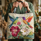 Woman carrying the Hummingbird and White Bloom artisan quilted tote bag