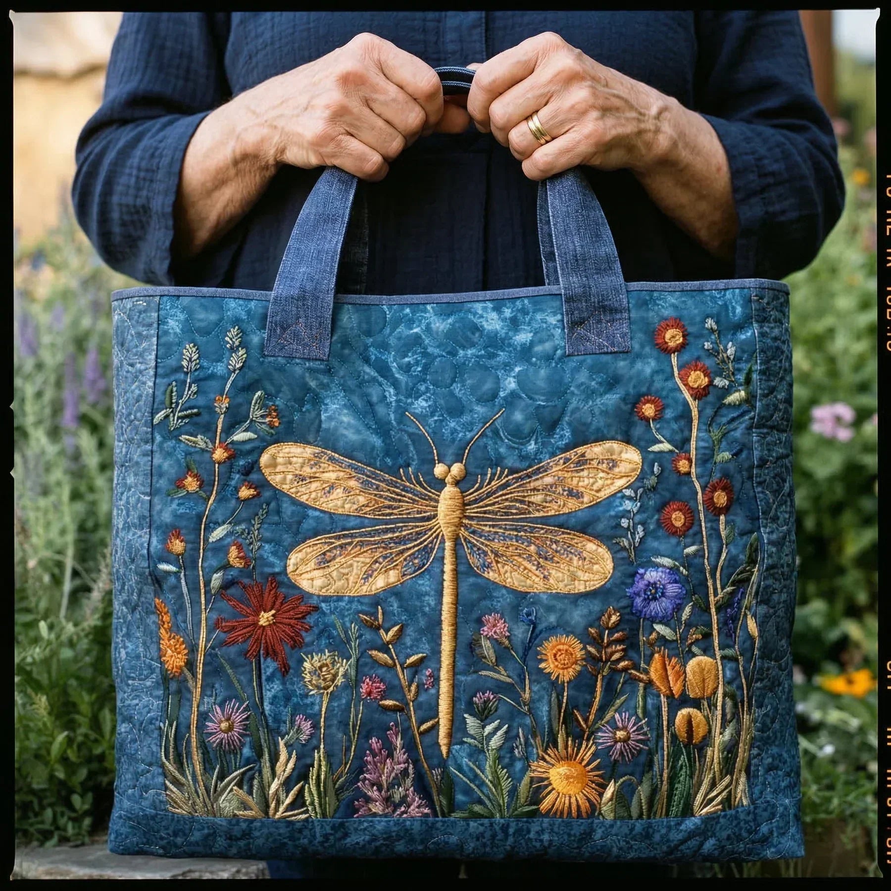 Woman carrying the Golden Dragonfly artisan quilted tote bag