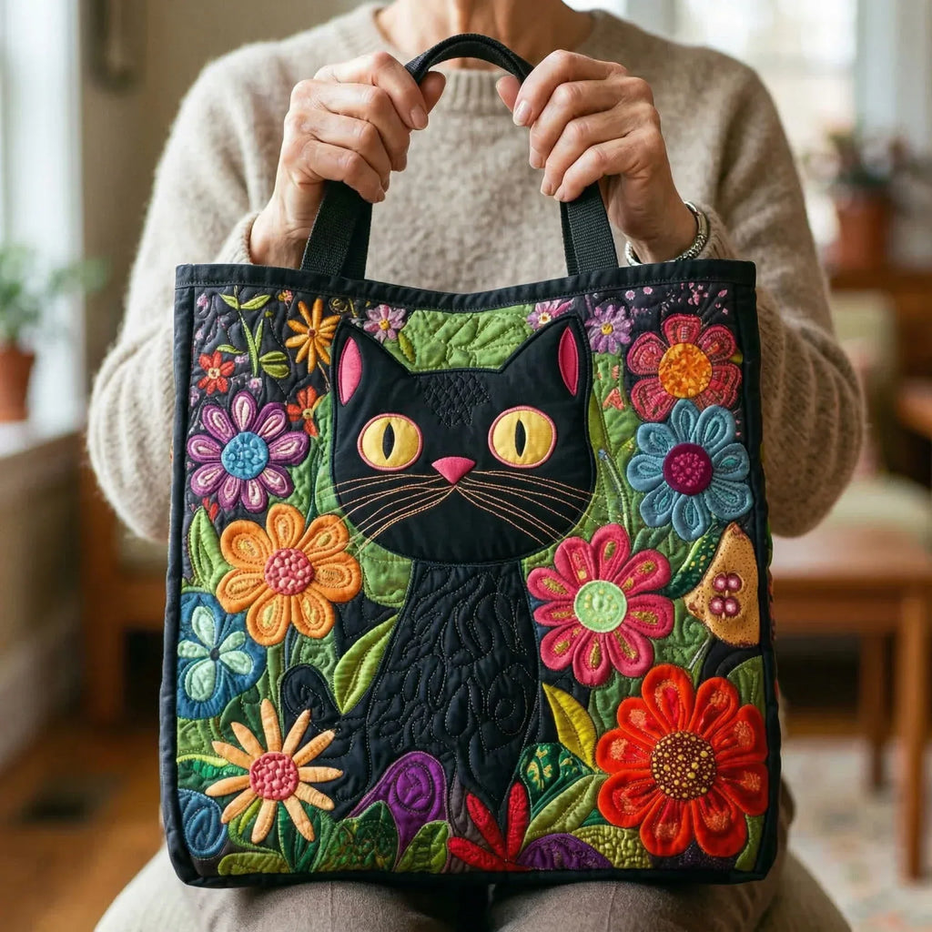 Woman carrying the Enchanted Black Cat artisan quilted tote bag
