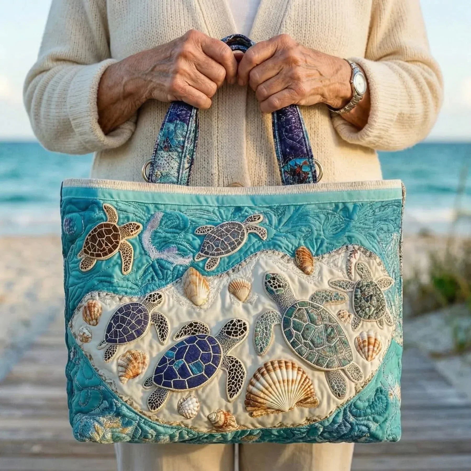 Woman carrying the Turtle Love artisan quilted tote bag