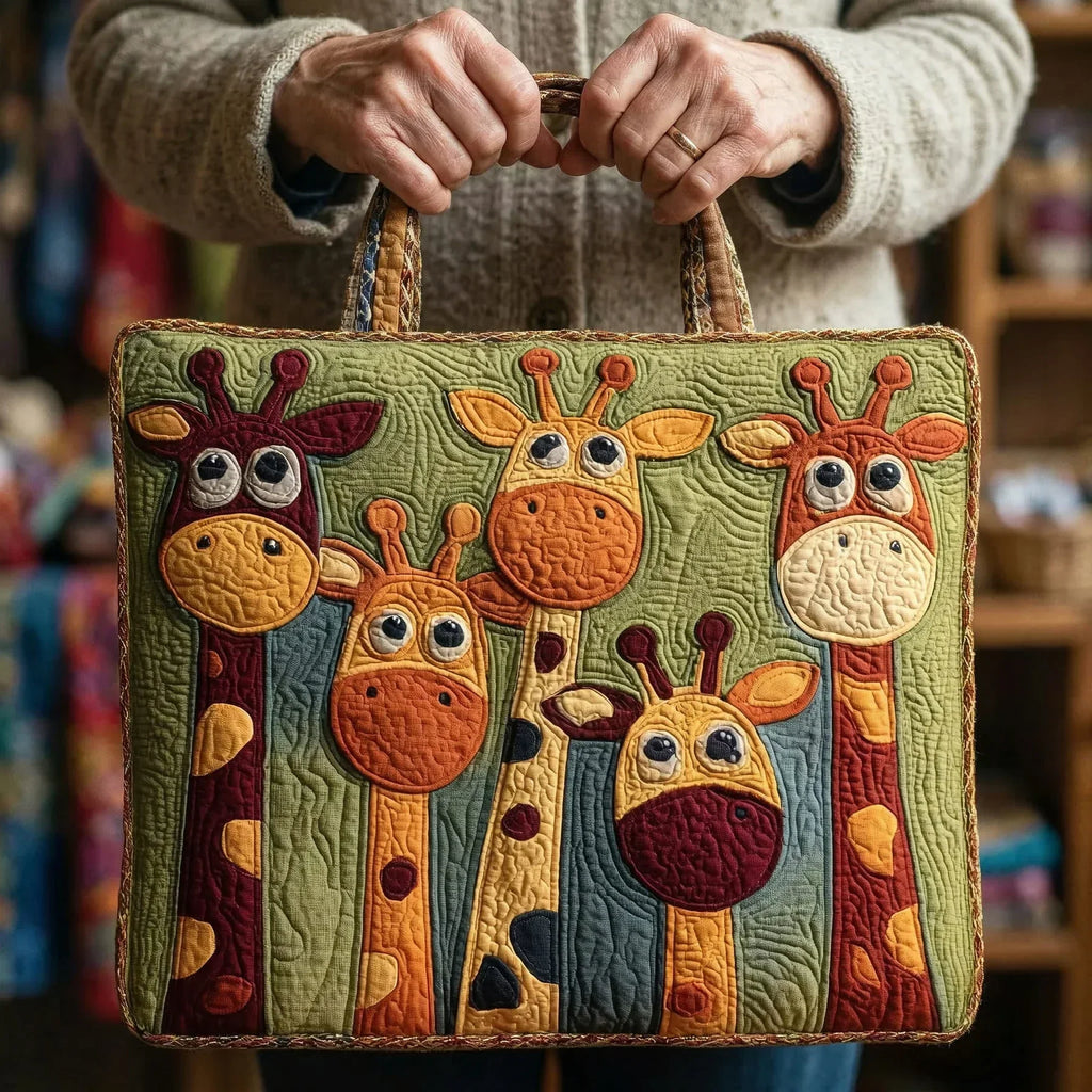 Woman carrying the Giraffe artisan quilted tote bag